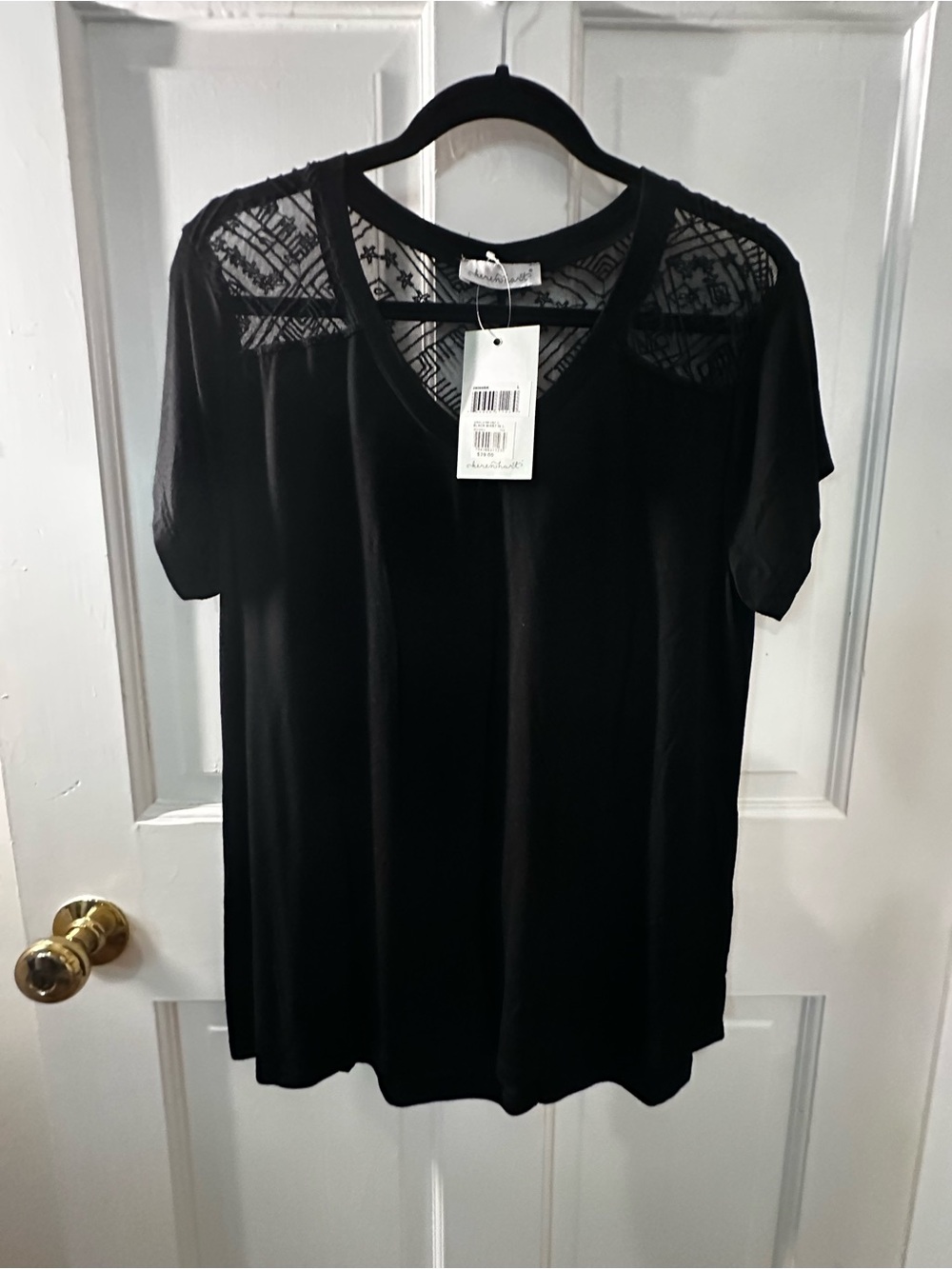Black Lace Yoke V-Neck Women's Top